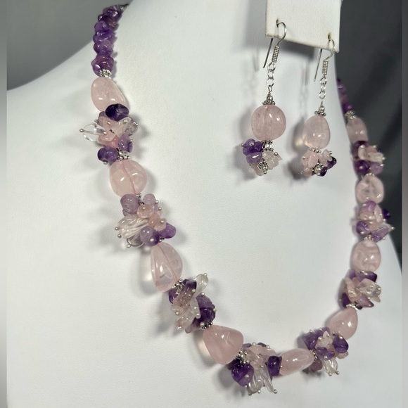 Rose Quartz & Amethyst 925 Silver Chunky Beaded Gemstone Necklace & Earrings - Picture 6 of 10